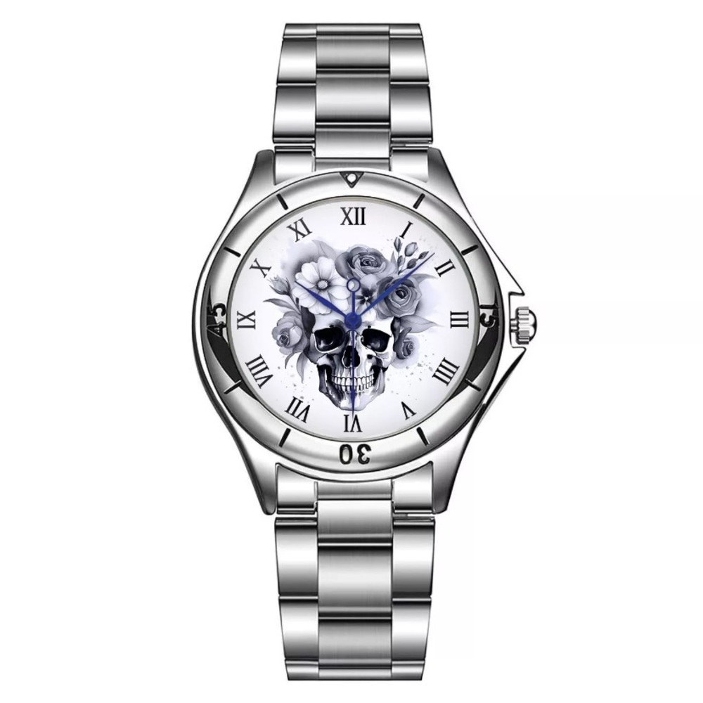 Silver Watch with Skull and Floral Design
